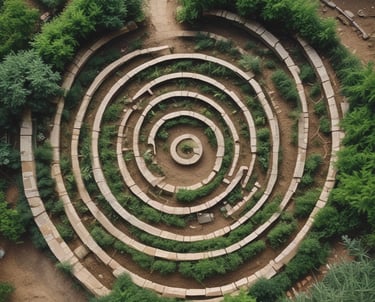 A serene landscape with a winding path leading through lush greenery.