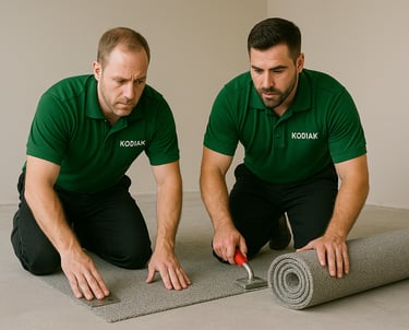 two men in green shirts are laying on the floor