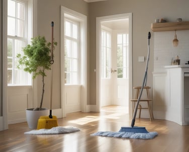 A professional cleaner using a vacuum in a bright living room.