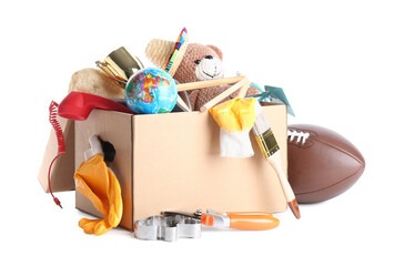 a box of toys and a football ball