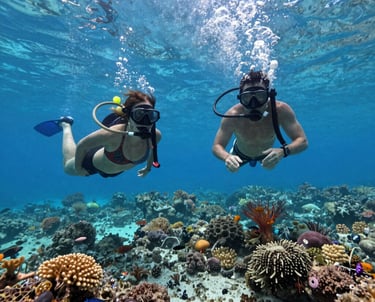 Underwater view of colorful coral reefs teeming with tropical fish in clear Caribbean waters.