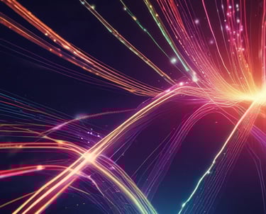 A close-up of brightly lit fiber optic cables arranged neatly in a modern setting.