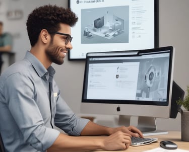 A small office room with beige walls and a brown carpet. The room features a wooden desk with a black swivel chair, a wooden bookshelf against the wall, and a wooden cabinet in the foreground. The ceiling has recessed fluorescent lighting.