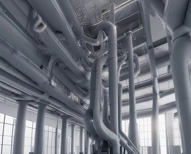 A fire safety setup featuring a red fire hose reel mounted on a wall alongside a rectangular red metal cabinet containing a fire hose and nozzle. Pipes and a valve are visible, highlighting the system's functionality.