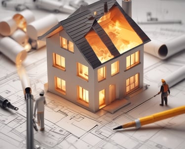 A wooden structure engulfed in bright orange flames with thick black smoke billowing upwards. Firefighters are present, wearing protective gear including helmets, and actively using a hose to spray water on the fire. The background includes a brick building and grassy area.