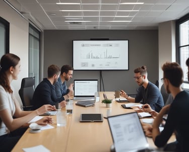 A room with several people seated in folding chairs, attentively facing a presentation area. The environment is professional, likely a seminar or workshop, with 'Product School' illuminated on a wall. Some attendees are taking notes, and a few people are standing, possibly facilitating the event.