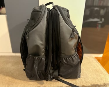 Side view of faraday black bag backpack