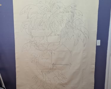 After sewing rod gutters, the linen tapestry is hung to cast the design and draw with soft charcoal pencil.
