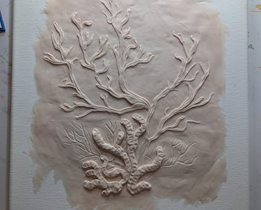 Using polymer clay for a relief sculpture on stretched canvas. Work in progress.