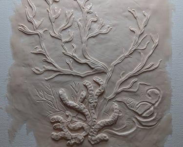 Polymer clay on stretched canvas for 3D relief sculpture. Work in progress.