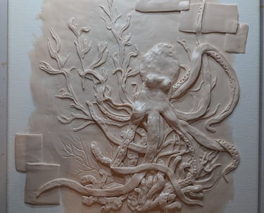 Octopus's Garden 3D polymer clay relief sculpture on stretched canvas.