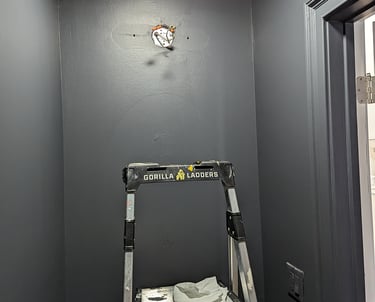 A half-bathroom painted in charcoal grey for a floral mural around the entire ceiling edge.
