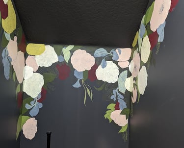 Peonies, flower, foliage and leaves building up over the colored chalk sketched for a wall mural, wall number 3.