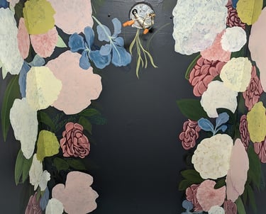 Adding details to peonies, flower, foliage and leaves building up a wall mural.
