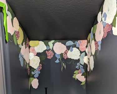 Adding details to peonies, flower, foliage and leaves building up a wall mural. Wall 3.