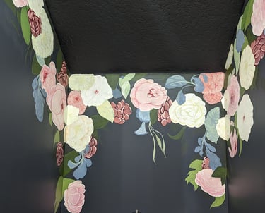 Adding details to peonies, flower, foliage and leaves building up a wall mural. Wall 3.