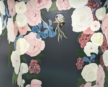 Adding details to peonies, flower, foliage and leaves building up a wall mural. Wall 1.