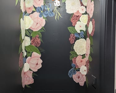 Peonies, flower, foliage and leaves half bath wall mural. Wall 1 finished.