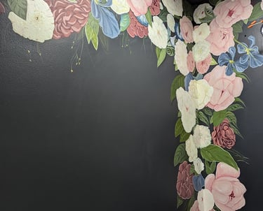 Peonies, flower, foliage and leaves half bath wall mural. Wall 2 finished.