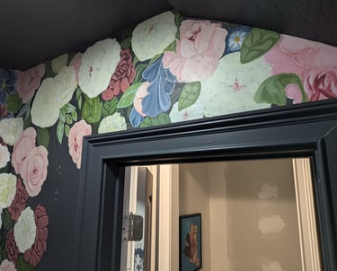 Peonies, flower, foliage and leaves half bath wall mural. Wall 2 finished.