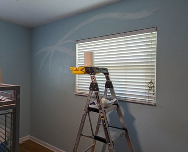 How to paint a mural around a large window. A bedroom adjoining walls mural project in photos. Wall 1
