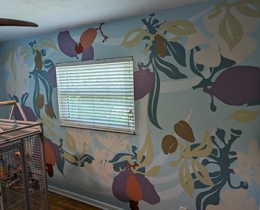 Using bright contrasting color shapes for a bright stylist interior wall mural.