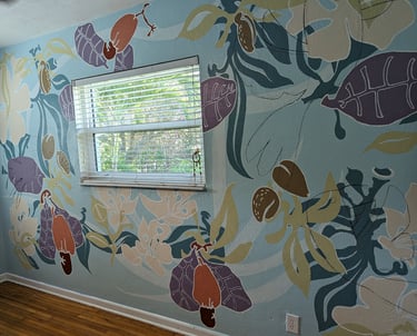 Using rim light painting technique to contrast bright bold colorful shapes in a stylish interior wall mural.