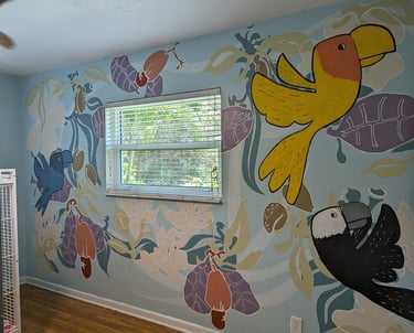 Colorful parrot mural with flowers and foliage in a bedroom mural.