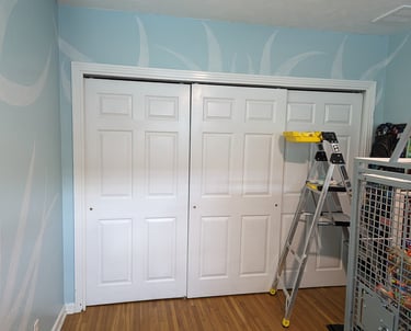 How to paint a mural around a large window. A bedroom adjoining walls mural project in photos. Closeted wall 2.