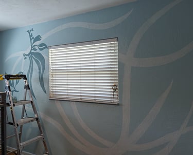 How to paint a mural around a large window. A bedroom adjoining walls mural project adding large color shapes on wall 1.