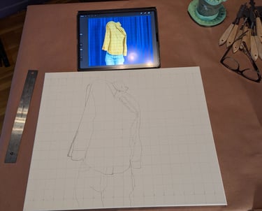 A finalized grid and sketch on canvas for acrylic painting to follow.