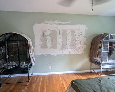Sketched placement of character and items of a 3D relief mural depicting an octopus's garden.