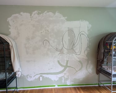 First pass of EasySand 90 Joint Compound surface texturing for a interior bedroom 3D relief mural.