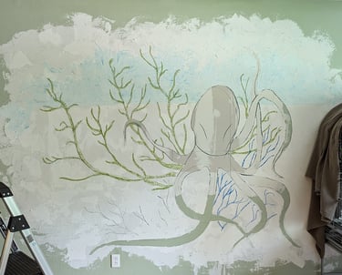 Joint compound 3D relief wall mural in progress using chalk pastels to sketch in where to build up with compound.