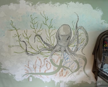 Fully sketched 3D relief mural wall ready to receive joint compound sculpting and buildup.