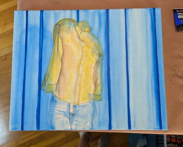 Glazing blues onto a stretched canvas in acrylic paints.
