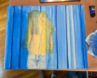 Progress paint glazing on a stretched canvas to create a rich blue curtain.