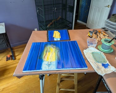 31 glazing layers creating a rich dynamic fabric folds of a thick blue theater curtain.