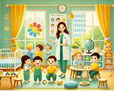 ✅ Giáo viên hướng dẫn trẻ chậm nói tập phát âm tại trung tâm can thiệp sớm.