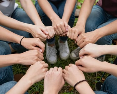 A close-up black and white photograph of three people interacting. One person appears to be holding the arm of another individual, while a third arm extends in the scene. The focus is on the hands and arms, creating a sense of connection and support.