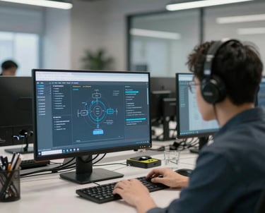 A creative workspace with a laptop displaying code, sketches of website layouts, and AI diagrams.