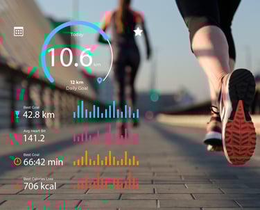 a person running on a brick walkway with progress tracking in the background