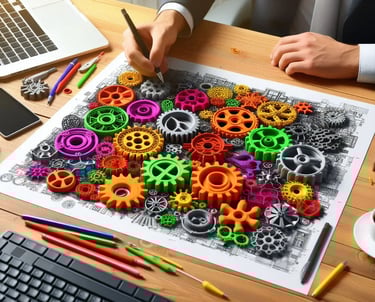 WIKXY Brightly coloured, taylormade 3D printed gears on the table. Available at WIKXY 3D Printing in Stoke-on-Trent.