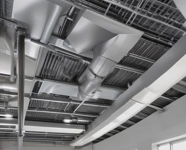 Complex metallic piping system with various hoses and clamps, connected to mechanical components, suggesting an engine or machinery. The arrangement includes multiple curved pipes and wires.
