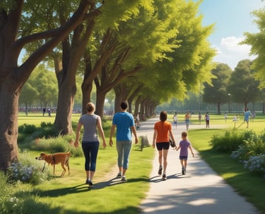 A large building with white walls and a red roof sits in the background, surrounded by a wide open courtyard and lush green lawns. In the foreground, there's a circular fountain with several tiers. The area is enclosed by numerous trees and vegetation, providing a serene and orderly environment.