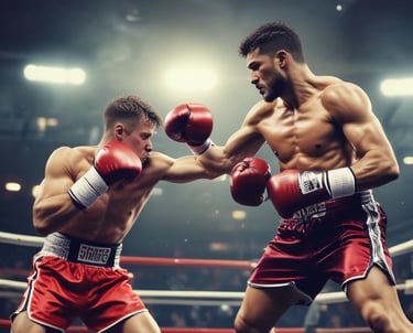 Two boxers are engaged in a match inside a boxing ring. Both are wearing protective headgear and boxing gloves, one with red gloves and headgear, the other with blue. The boxer in red is delivering a punch, while the boxer in blue is on the defensive. The background is dimly lit, giving focus to the competitors.