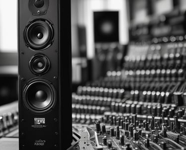 a sound system in a recording studio with a large monitor and a microphone