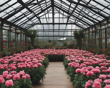 a woman holding a potted plant in a greenhouse