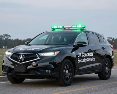 A mobile patrol vehicle driving through a residential neighborhood in Highlands County during dusk.