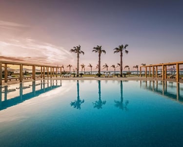 Luxury beachfront swimming pool at a tropical resort with palm trees and a sunset horizon.